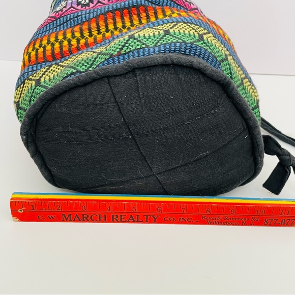 Large Embroidered Striped Pattern Drawstring Boho Bucket Weekender Travel Bag - Picture 5 of 8